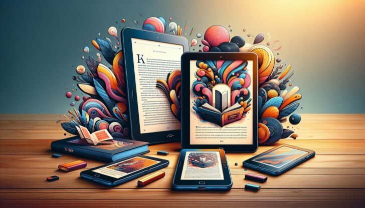 Various devices suitable for reading ebooks, including a tablet and an e-reader.