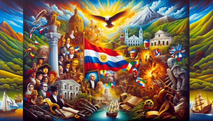 An illustration representing the historical evolution of Venezuela, including symbols of independence and cultural icons.