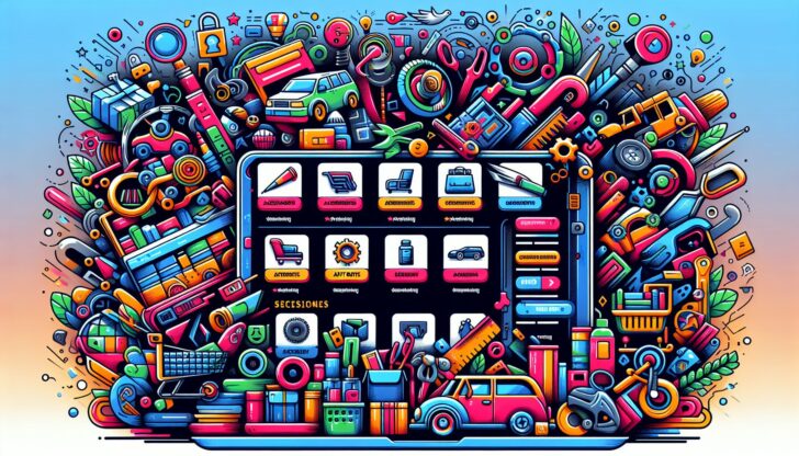 A colorful illustration of an online shopping interface showcasing various auto parts and supplies.