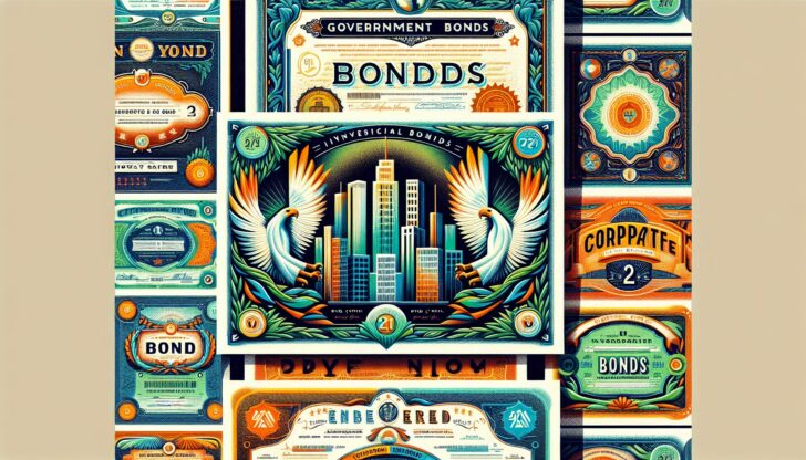 An illustration representing various types of bonds, including government bonds and corporate bonds.