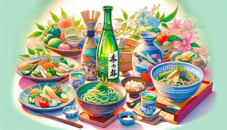 A vibrant illustration of local Yamaguchi cuisine, including sake and traditional dishes.