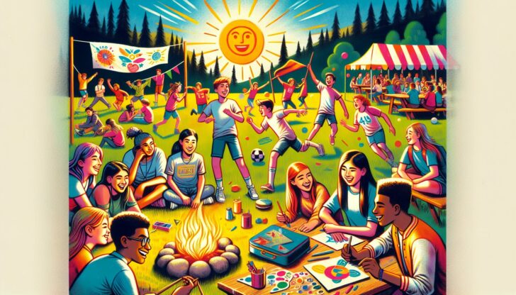 An illustration of high school students enjoying social activities and building community during summer camp.