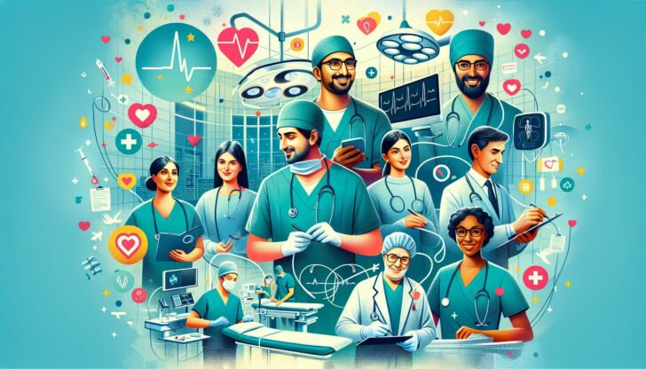 An illustration depicting various healthcare professionals such as surgeons and anesthesiologists, highlighting high-paying medical specializations.