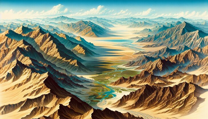 An illustration of the geographical features of the Middle East, including mountains and deserts.