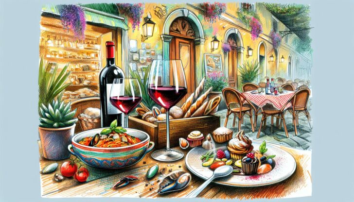 Illustration representing the food and drink culture in Trieste, showcasing local specialties and wine.