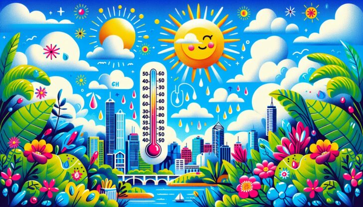 An illustration depicting Brisbane's subtropical climate with average temperatures and rainfall.