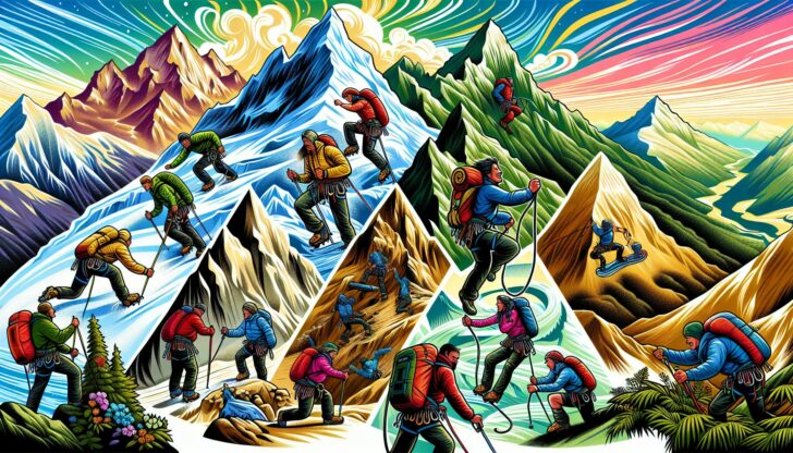 A cartoon showing the seven summits challenge with climbers scaling different peaks.