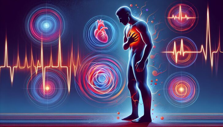 An illustration depicting various cardiac disorder symptoms including chest pain and shortness of breath.