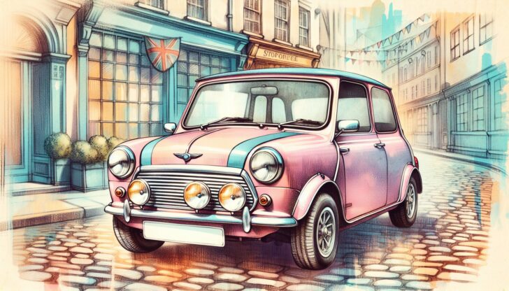 An illustration of the first Mini car, showcasing its iconic compact design.