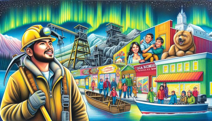 An illustration highlighting the major industries in Yellowknife, including mining and tourism.