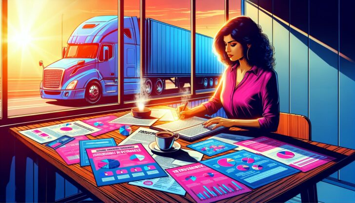 An illustration of a person reviewing different trucking insurance policies, with a truck and paperwork in the background.