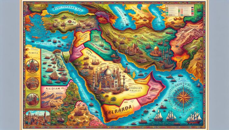 A map illustrating the Middle East region, highlighting its geographical features.