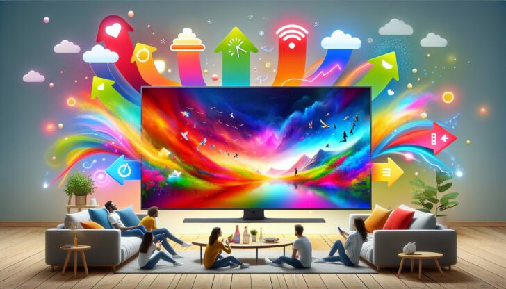 An illustration depicting the advantages of plasma screen TVs, including wide viewing angles and vibrant colors.