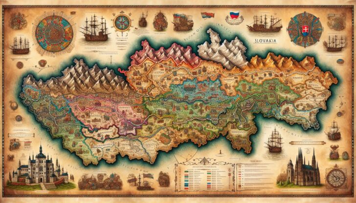 A historical map illustration showing Slovakia's borders and territories during significant historical periods.