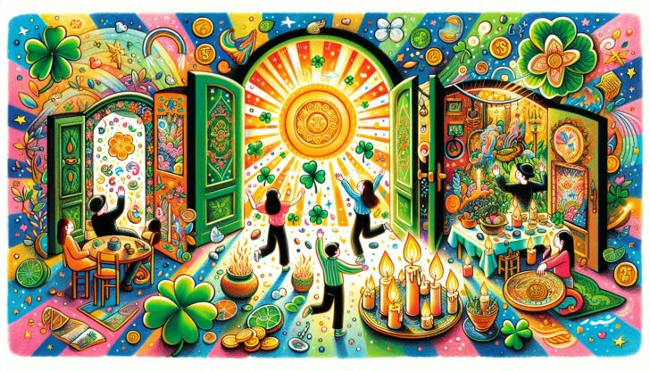 An illustration representing practices for positive energy and good fortune during New Year's.