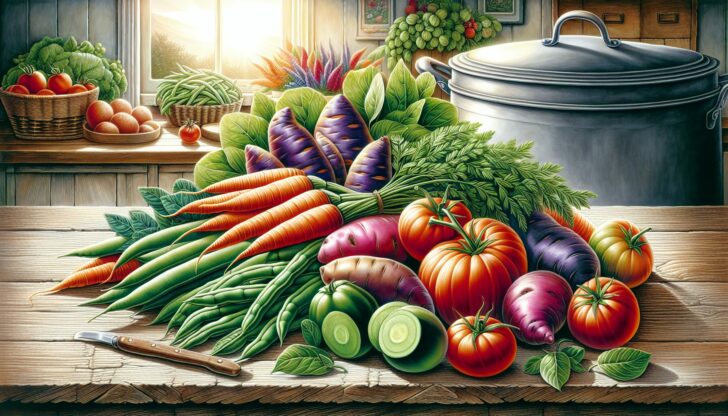 A colorful assortment of fresh vegetables, including carrots, sweet potatoes, and green beans, ready to make vegetable soup.