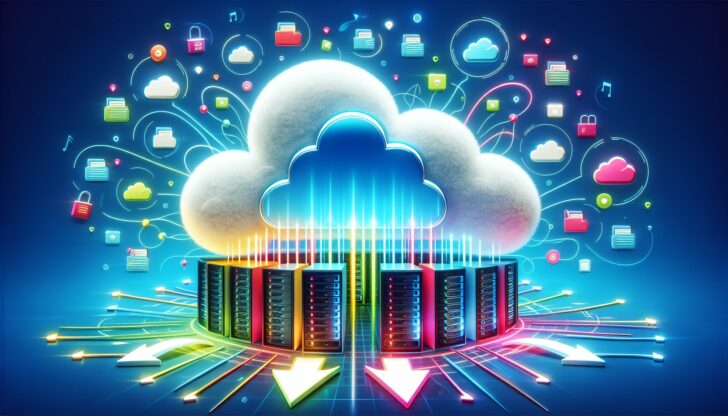 An illustration depicting cloud storage architecture with servers and data flow.