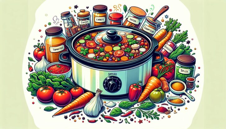 An artistic representation of customizing crockpot soups with various ingredients.