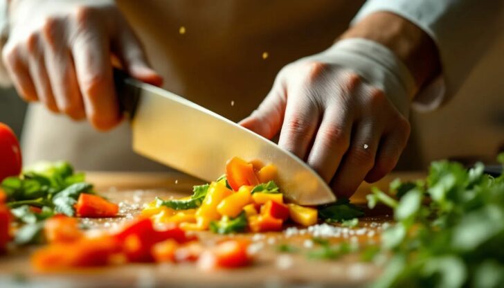 A chef skillfully using a knife, highlighting essential skills for culinary professionals.