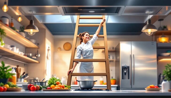 A chef climbing a ladder in a kitchen, symbolizing the journey of advancing in culinary careers.