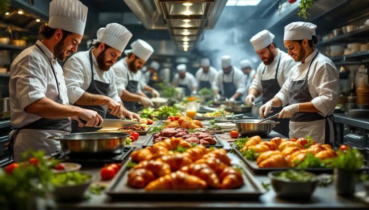 A busy restaurant kitchen with chefs working together, exemplifying teamwork in culinary arts.