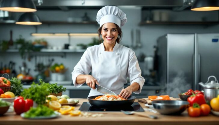 A chef in a professional kitchen preparing dishes, showcasing culinary skills.