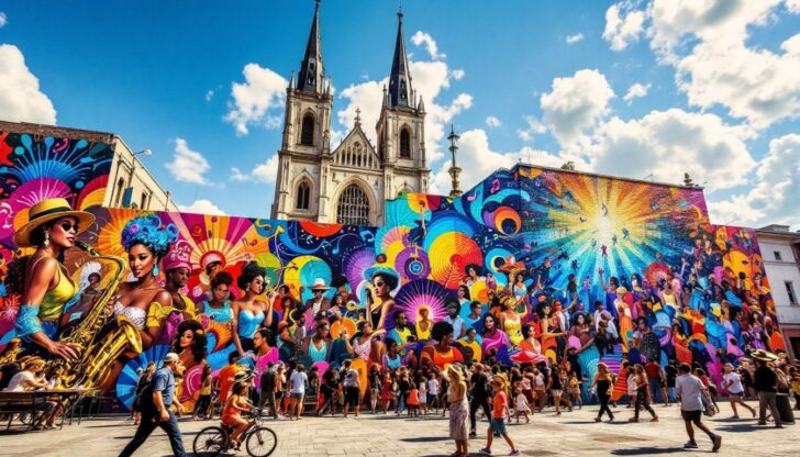 A vibrant scene from the Jazz and Heritage Festival in New Orleans showcasing live music and enthusiastic crowds.