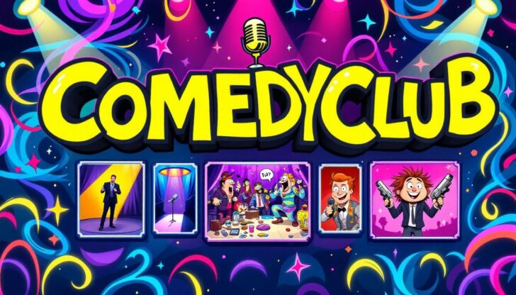 A vibrant poster showcasing upcoming shows at the comedy club.