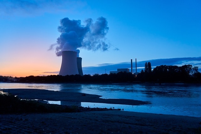 nuclear power plant, cooling tower, sunrise