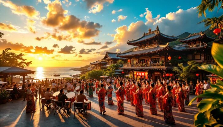 Okinawans celebrating the New Year with traditional festivities.