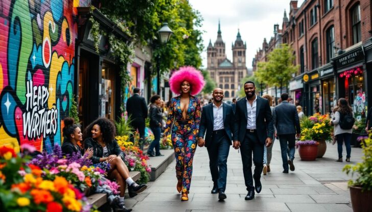 A vibrant street scene in Manchester showcasing the community lifestyle.