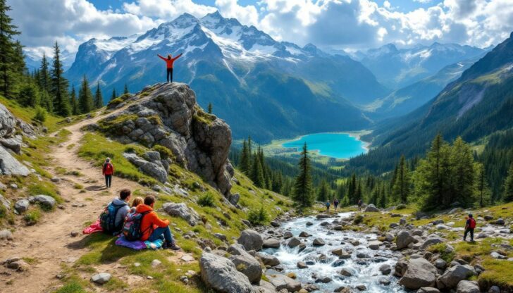 Tourists engaging in various activities in the picturesque Caucasus Mountains.