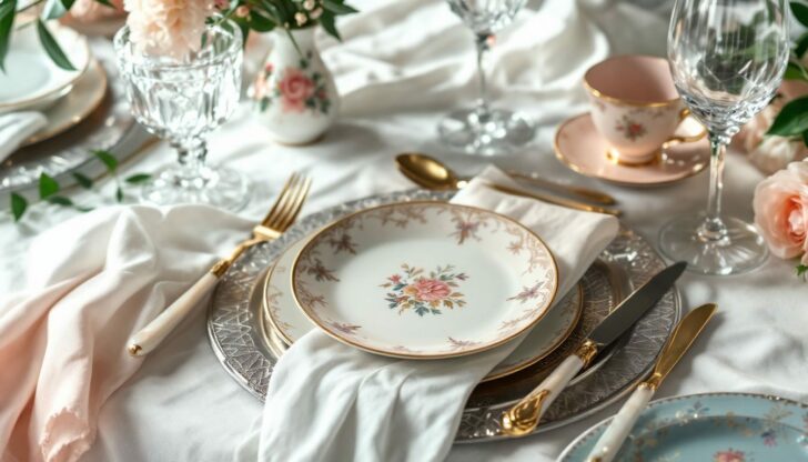 Different materials of dinnerware sets displayed on a table.