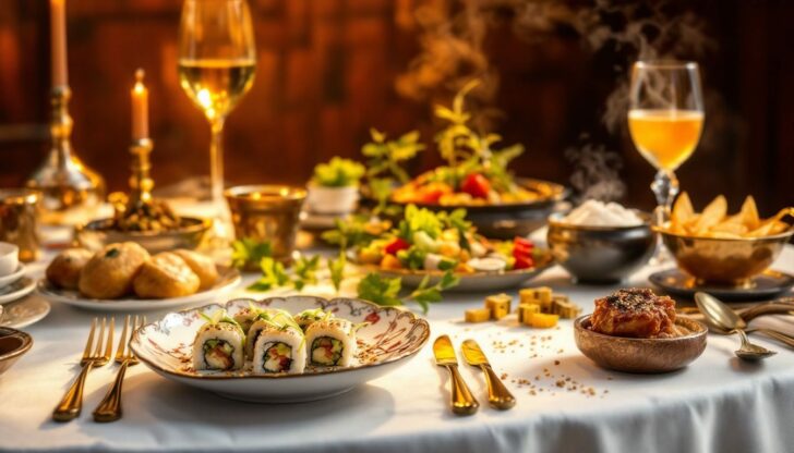 A diverse spread of international cuisine on a table.