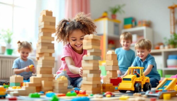 A group of children engaged in creative play with construction toys.